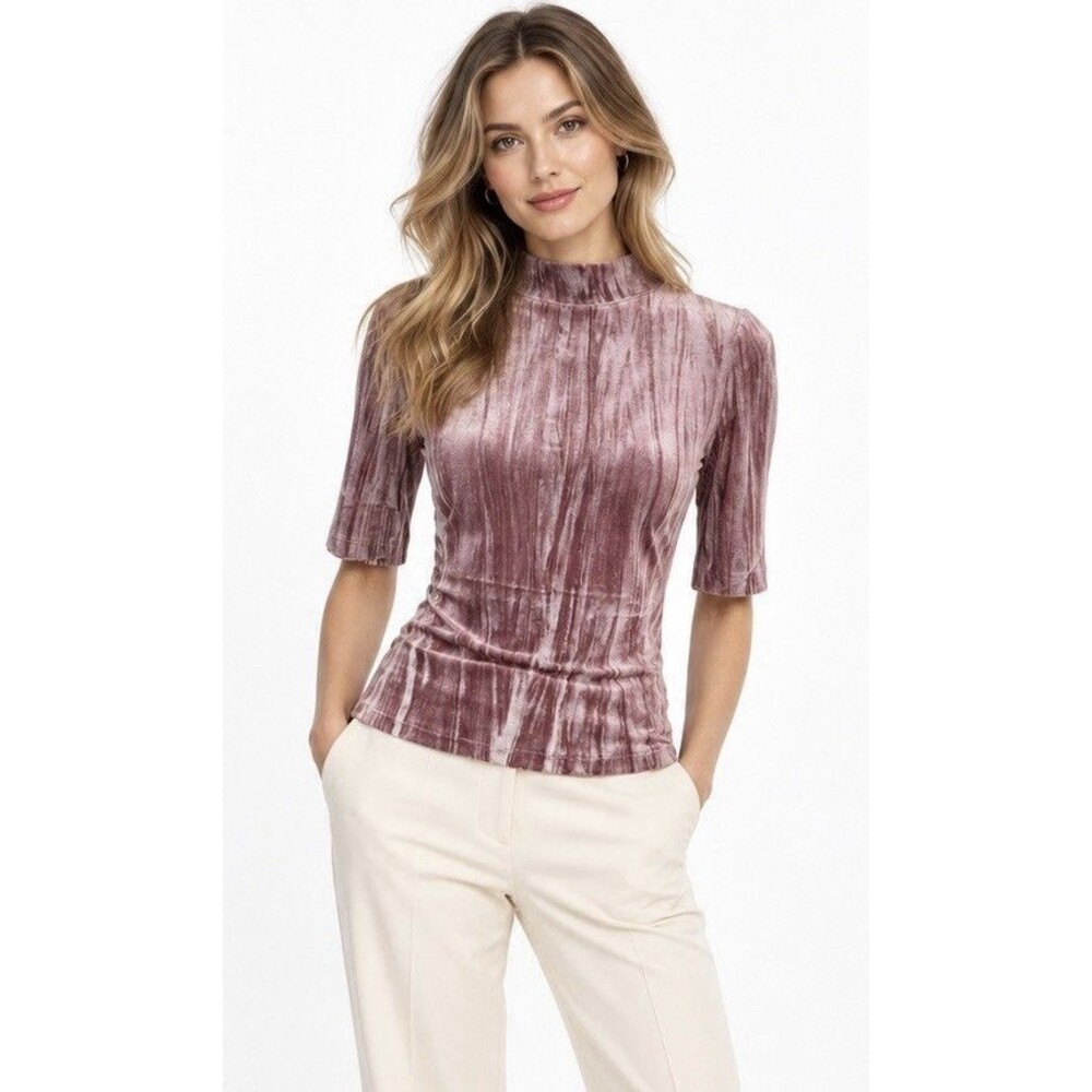 Pilcro Anthropologie Mauve Pink Crushed Velvet Mock Neck Short Sleeve Top XS